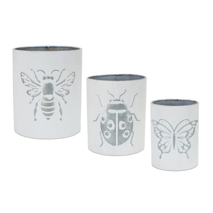 Set of Three White And Gray Metal 9 Ounce Abstract Round Distressed Pot Planters HomeRoots