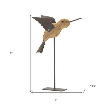 Set of Two 8" Natural Wood And Metal Bird Figurine Tabletop Sculpture HomeRoots