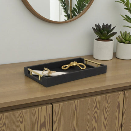 16" Black Wood and Vinyl Faux Shagreen Serving Tray With Gold Handles