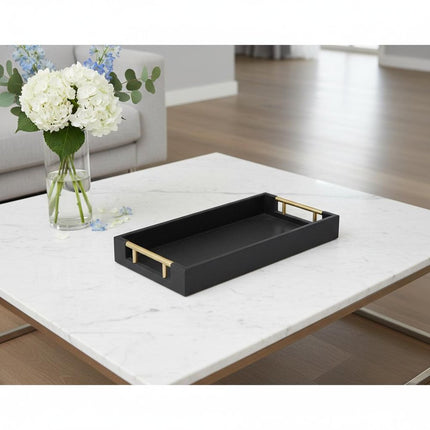 16" Black Wood and Vinyl Faux Shagreen Serving Tray With Gold Handles