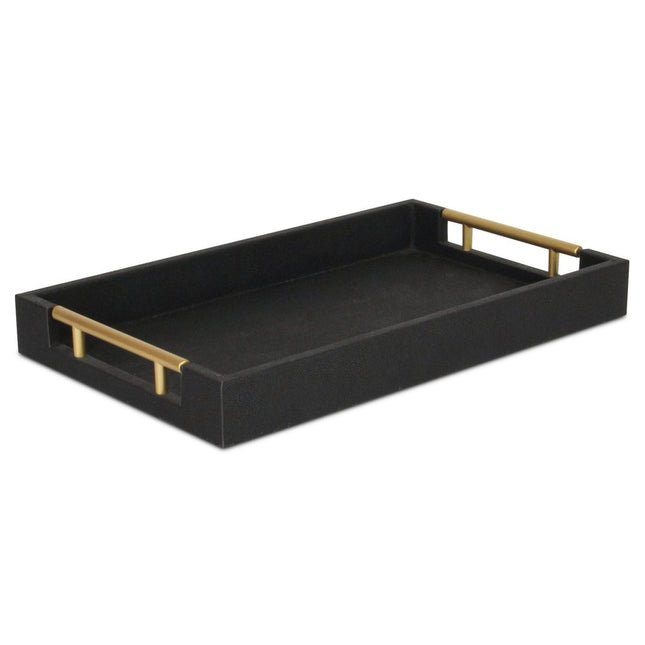 16" Black Wood and Vinyl Faux Shagreen Serving Tray With Gold Handles