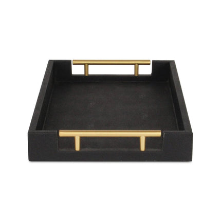 16" Black Wood and Vinyl Faux Shagreen Serving Tray With Gold Handles