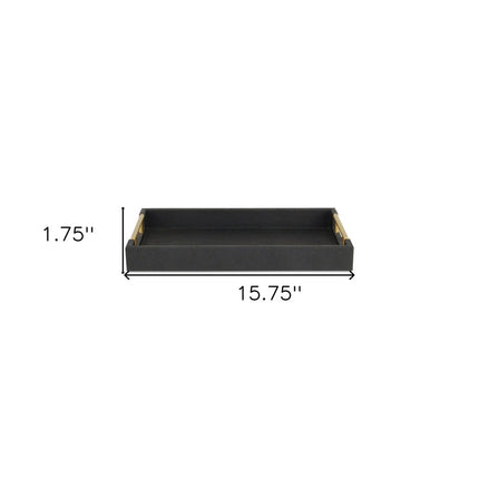 16" Black Wood and Vinyl Faux Shagreen Serving Tray With Gold Handles