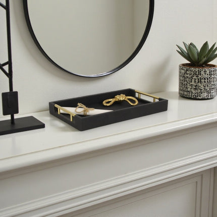 16" Black Wood and Vinyl Faux Shagreen Serving Tray With Gold Handles