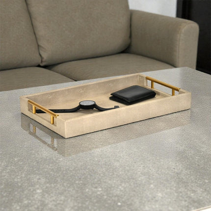 16" Cream Wood and Vinyl Faux Shagreen Serving Tray With Gold Handles
