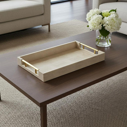 16" Cream Wood and Vinyl Faux Shagreen Serving Tray With Gold Handles HomeRoots