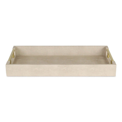 16" Cream Wood and Vinyl Faux Shagreen Serving Tray With Gold Handles HomeRoots