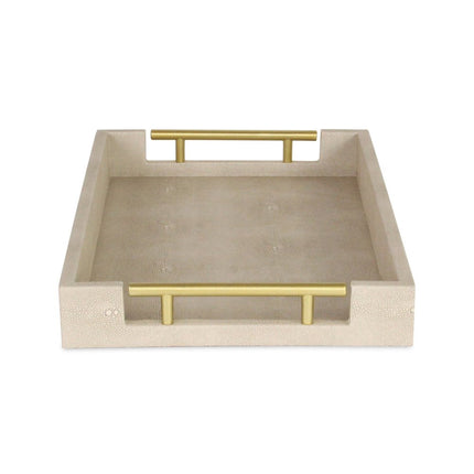 16" Cream Wood and Vinyl Faux Shagreen Serving Tray With Gold Handles HomeRoots