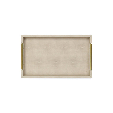 16" Cream Wood and Vinyl Faux Shagreen Serving Tray With Gold Handles HomeRoots