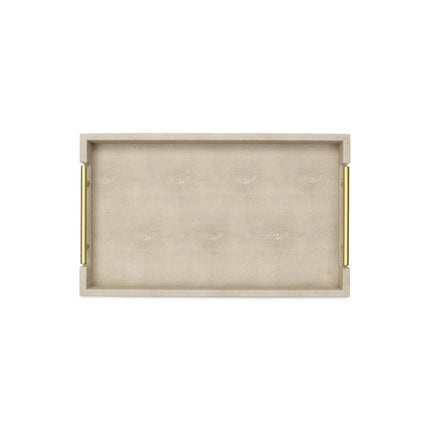 16" Cream Wood and Vinyl Faux Shagreen Serving Tray With Gold Handles