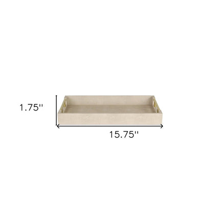 16" Cream Wood and Vinyl Faux Shagreen Serving Tray With Gold Handles HomeRoots