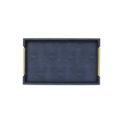 16" Navy Blue Wood Faux Shagreen Serving Tray With Handles