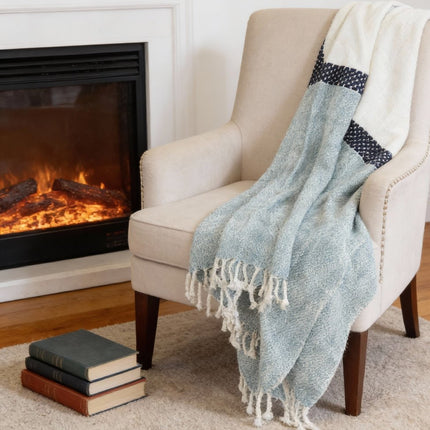 50" X 60" Blue And Ivory Cotton Woven Color Block Throw Blanket with Fringe HomeRoots