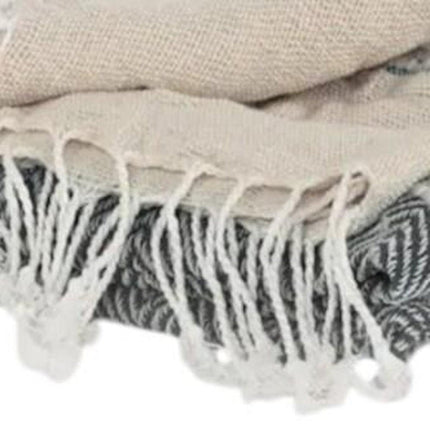 50" X 60" Gray Cotton Woven Striped Throw Blanket with Fringe HomeRoots