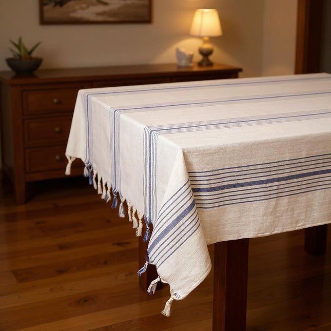 71" x 95" Cream And Blue Striped Cotton Tablecloth And Napkins Set HomeRoots