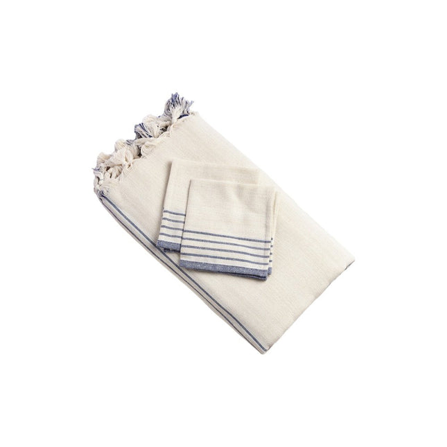 71" x 95" Cream And Blue Striped Cotton Tablecloth And Napkins Set HomeRoots