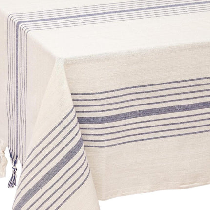 71" x 95" Cream And Blue Striped Cotton Tablecloth And Napkins Set HomeRoots