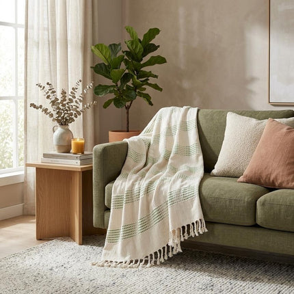 Gray and Green Woven Cotton Throw Blanket with Fringe HomeRoots