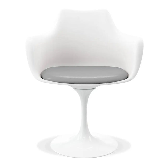 White Heavy Duty Plastic Swivel Dining Arm Chair With Gray Faux Leather Cushion HomeRoots