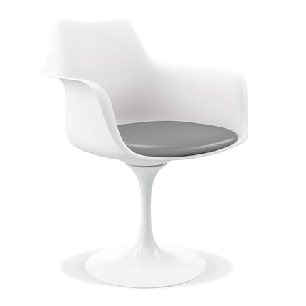 White Heavy Duty Plastic Swivel Dining Arm Chair With Gray Faux Leather Cushion HomeRoots
