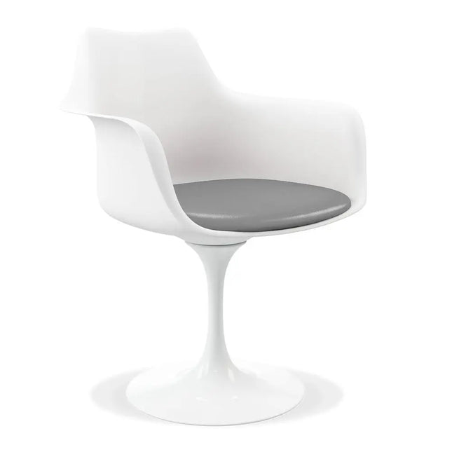 White Heavy Duty Plastic Swivel Dining Arm Chair With Gray Faux Leather Cushion HomeRoots