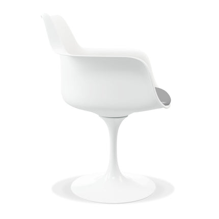 White Heavy Duty Plastic Swivel Dining Arm Chair With Gray Faux Leather Cushion HomeRoots