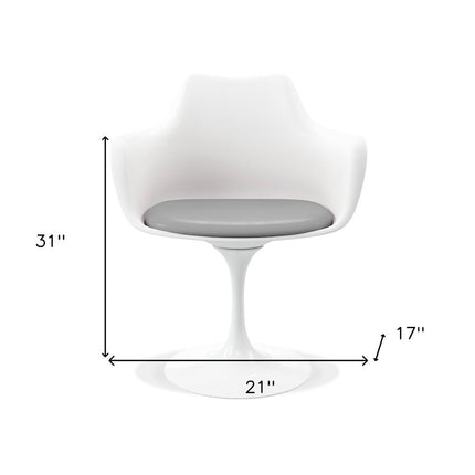 White Heavy Duty Plastic Swivel Dining Arm Chair With Gray Faux Leather Cushion HomeRoots