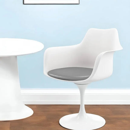 White Heavy Duty Plastic Swivel Dining Arm Chair With Gray Faux Leather Cushion HomeRoots
