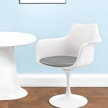 White Heavy Duty Plastic Swivel Dining Arm Chair With Gray Faux Leather Cushion HomeRoots
