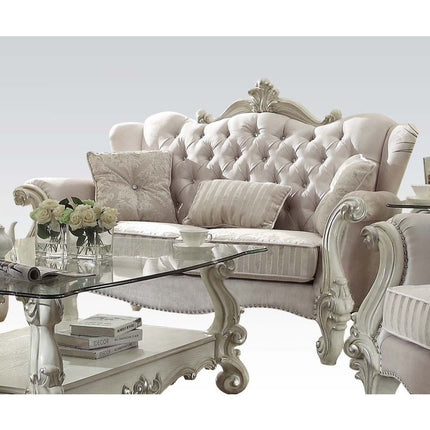 ACME 52106 Versailles Loveseat with 3 Pillows, Ivory Velvet & Bone White