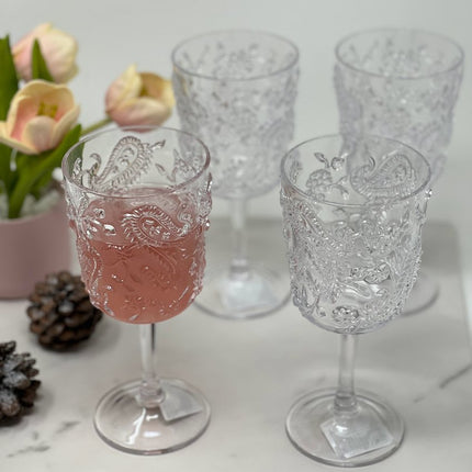 Set of Four Clear Paisley Acrylic Stemmed All Purpose Wine Glass HomeRoots