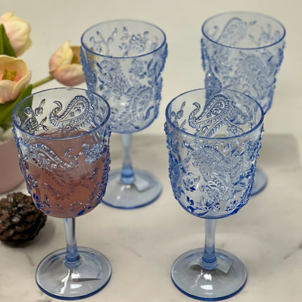 Set of Four Blue Paisley Acrylic Stemmed All Purpose Wine Glass HomeRoots