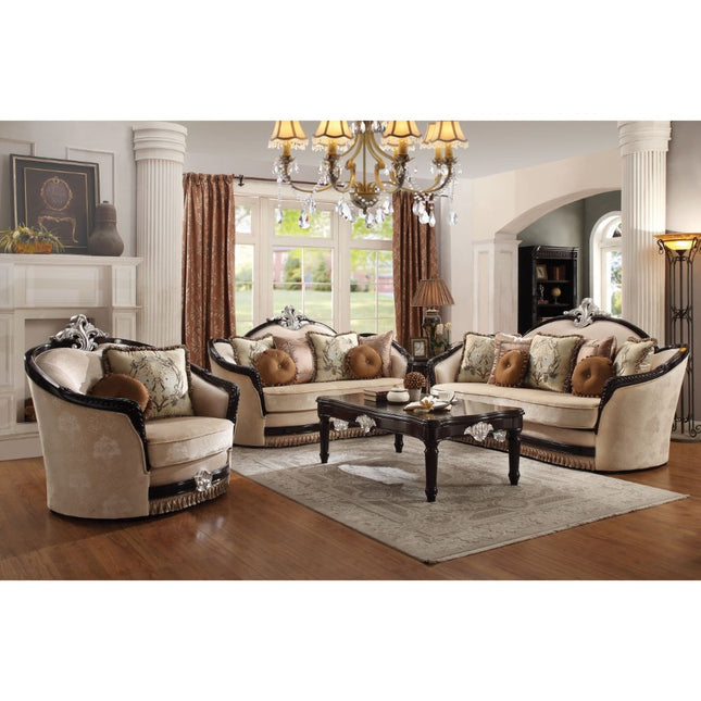 ACME 52111 Ernestine Loveseat with 6 Pillows, Tan Fabric & Black