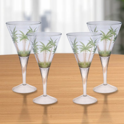Set of Four Clear and Green Palm Tree Acrylic Stemmed All Purpose Wine Glasses HomeRoots