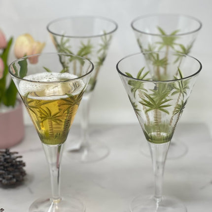 Set of Four Clear and Green Palm Tree Acrylic Stemmed All Purpose Wine Glasses HomeRoots