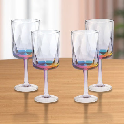 Set of Four Clear and Rainbow Geometric Acrylic Stemmed All Purpose Wine Glasses HomeRoots