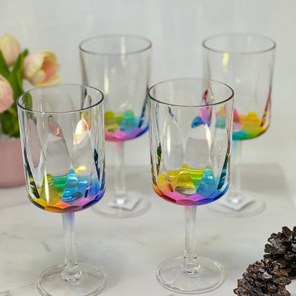 Set of Four Clear and Rainbow Geometric Acrylic Stemmed All Purpose Wine Glasses HomeRoots