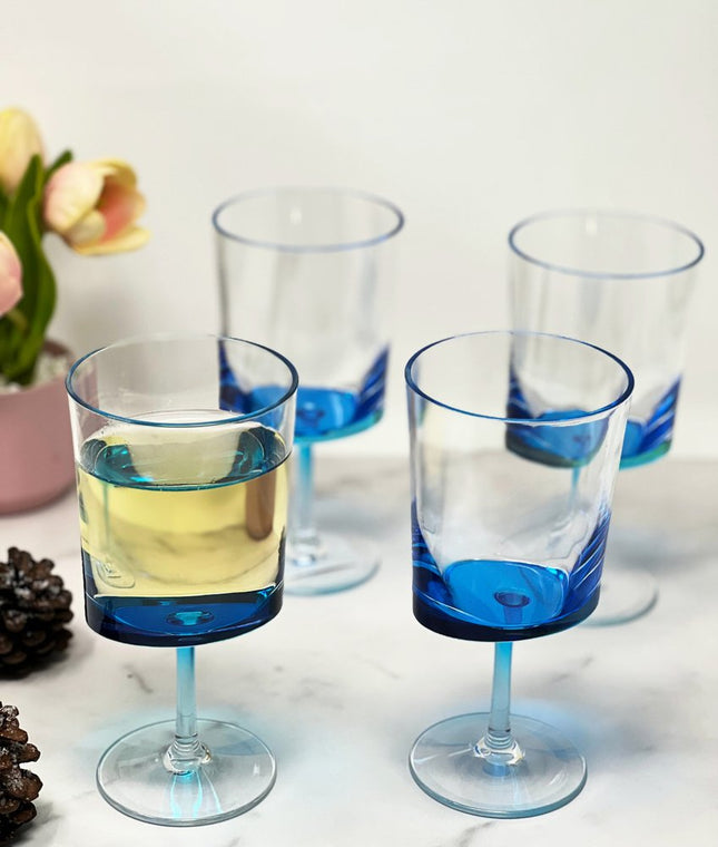 Set of Four Clear and Blue Acrylic Stemmed All Purpose Wine Glass HomeRoots