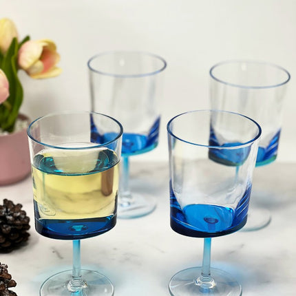 Set of Four Clear and Blue Acrylic Stemmed All Purpose Wine Glass
