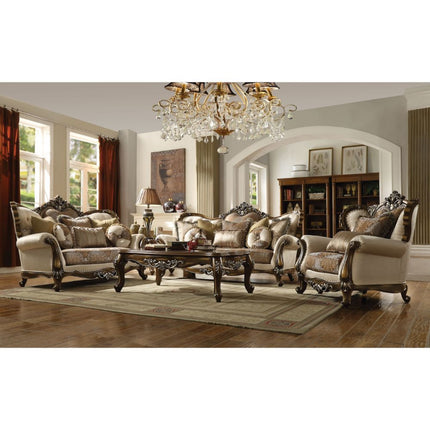 ACME 52116 Latisha Loveseat with 5 Pillows, Tan, Pattern Fabric & Antique Oak