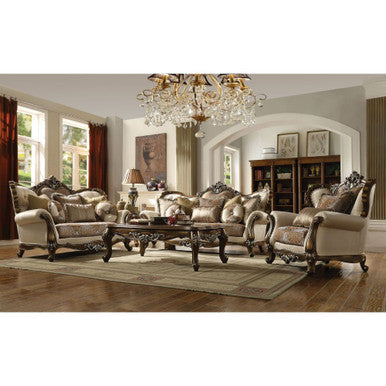 ACME 52116 Latisha Loveseat with 5 Pillows, Tan, Pattern Fabric & Antique Oak ACME Furniture