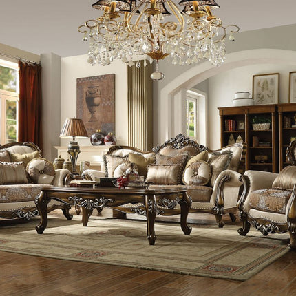 ACME 52115 Latisha Sofa with 6 Pillows, Tan, Pattern Fabric & Antique Oak