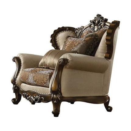 ACME 52117 Latisha Chair with 2 Pillow, Tan, Pattern Fabric & Antique Oak