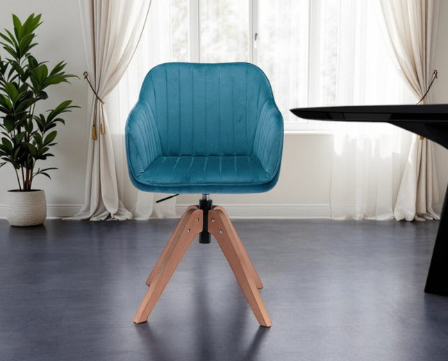Tufted Teal Blue and Natural Upholstered Velvet Dining Arm Chair HomeRoots