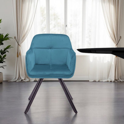 Tufted Blue And Black Velvet and Metal Dining Arm Chair HomeRoots
