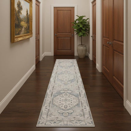 10' Light Blue Oriental Power Loom Distressed Washable Runner Rug HomeRoots