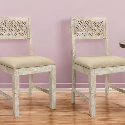 Set of Two Brown And White Upholstered Fabric Carved Back Dining Side Chairs HomeRoots
