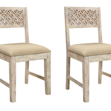 Set of Two Brown And White Upholstered Fabric Carved Back Dining Side Chairs HomeRoots