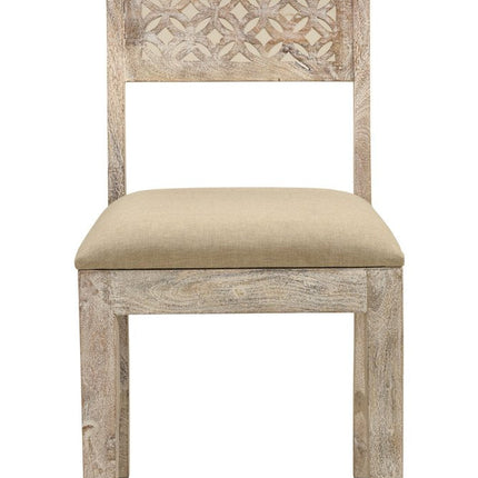 Set of Two Brown And White Upholstered Fabric Carved Back Dining Side Chairs HomeRoots