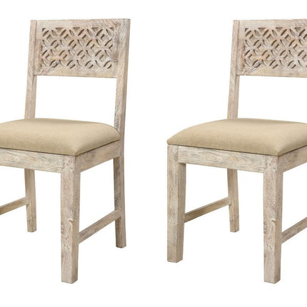 Set of Two Brown And White Upholstered Fabric Carved Back Dining Side Chairs HomeRoots
